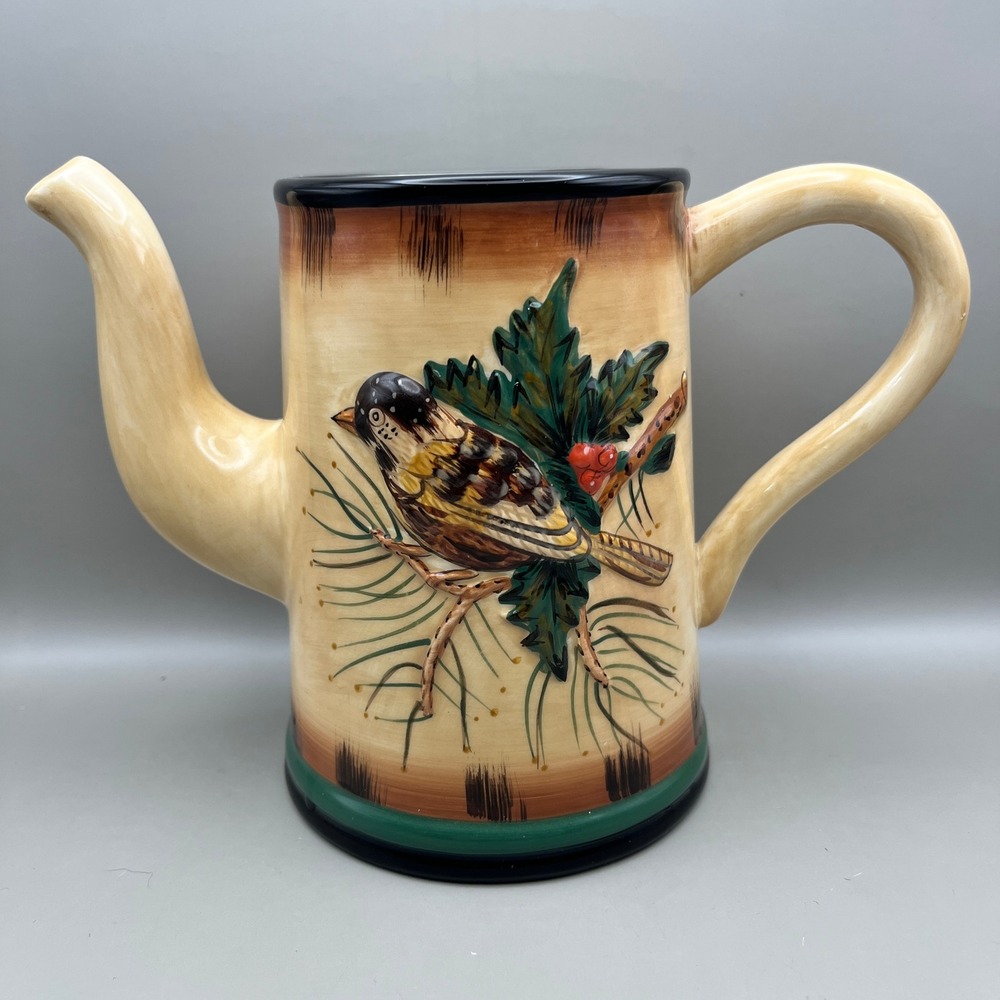 Heartfelt Kitchen Creations Bird Ceramic Teapot Embossed Holly Berry No Lid 6"